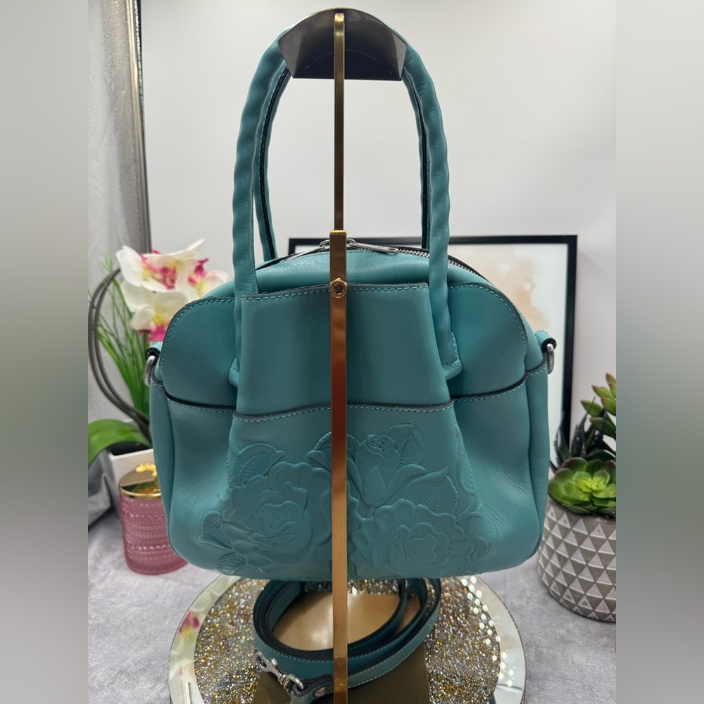 Patricia Nash Floral Embossed Italian Leather Satchel Shoulder Crossbody Teal - Picture 3 of 10